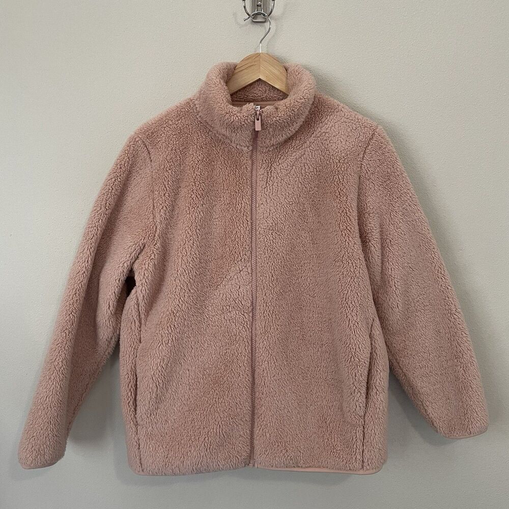 Uniqlo Fluffy Yarn Fleece Full-Zip Teddy Jacket Pink Women's L Soft Cozy Sweater